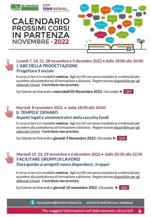 Corsi Univol in partenza a novembre 2022