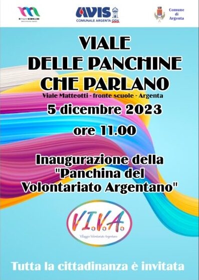 Giornata Internazionale del Volontariato. Martedì 5 dicembre, inaugurazione della “Panchina del Volontariato Argentano”